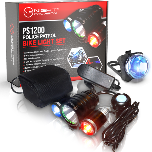 PS1200 Front & OPTIKS 210 Rear Police Patrol Bike Light - Red/Blue Strobe  LED - Rechargeable - Water Proof - 5 Modes